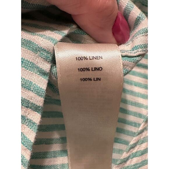 Chico's Size 2 Large Green Striped Linen Button Down Shirt No-Iron Tie Front - Picture 4 of 6